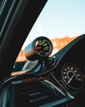 Detailed view of a car's interior focusing on the turbo boost gauge with blurred background.